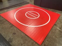 AK Athletic Equipment Clearance 118.5" X 10' X 1 3/8" Roll-Up Wrestling Mat Red With White Circles