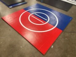 AK Athletic Equipment Clearance 8' X 8' X 1 3/8" Roll-Up Wrestling Mat Blue And Red Vinyl Flaw