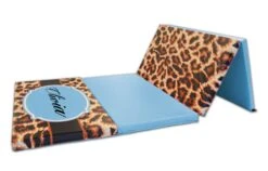 AK Athletic Equipment Leopard Print Monogram 4' X 8' Folding Gymnastics Mat -Wrestling Mat Shop leopard with name and drop shadow marine blue